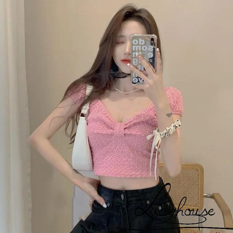 Áo Croptop Tay Ngắn Màu Trơn Họa Tiết Gợn Sóng Phối Nơ Dễ Thương Cho Nữ