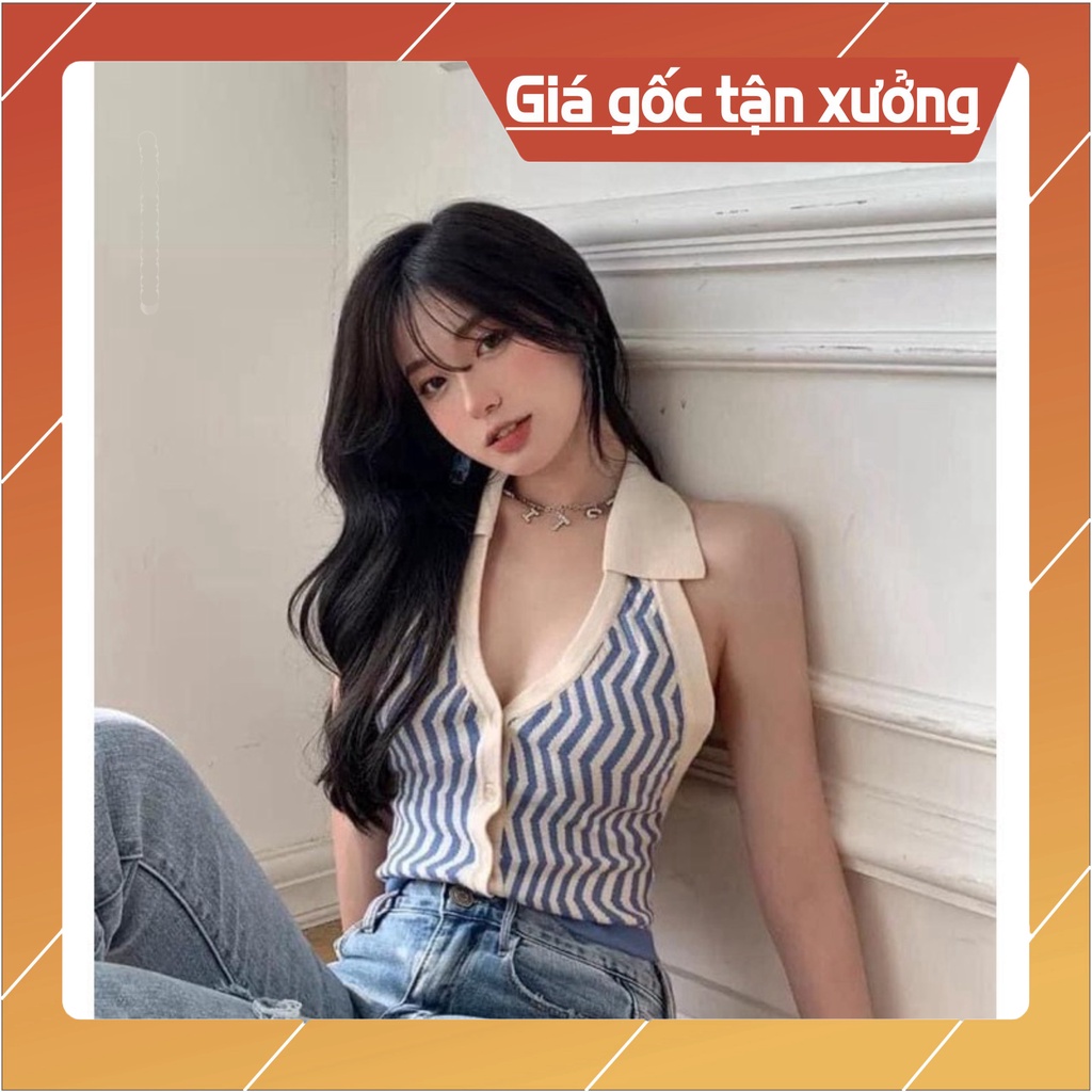 Áo Croptop Nữ Kẻ Sọc 3 Lỗ Cúc Cài ,Hở Lưng Cổ Bẻ 3 Màu B008