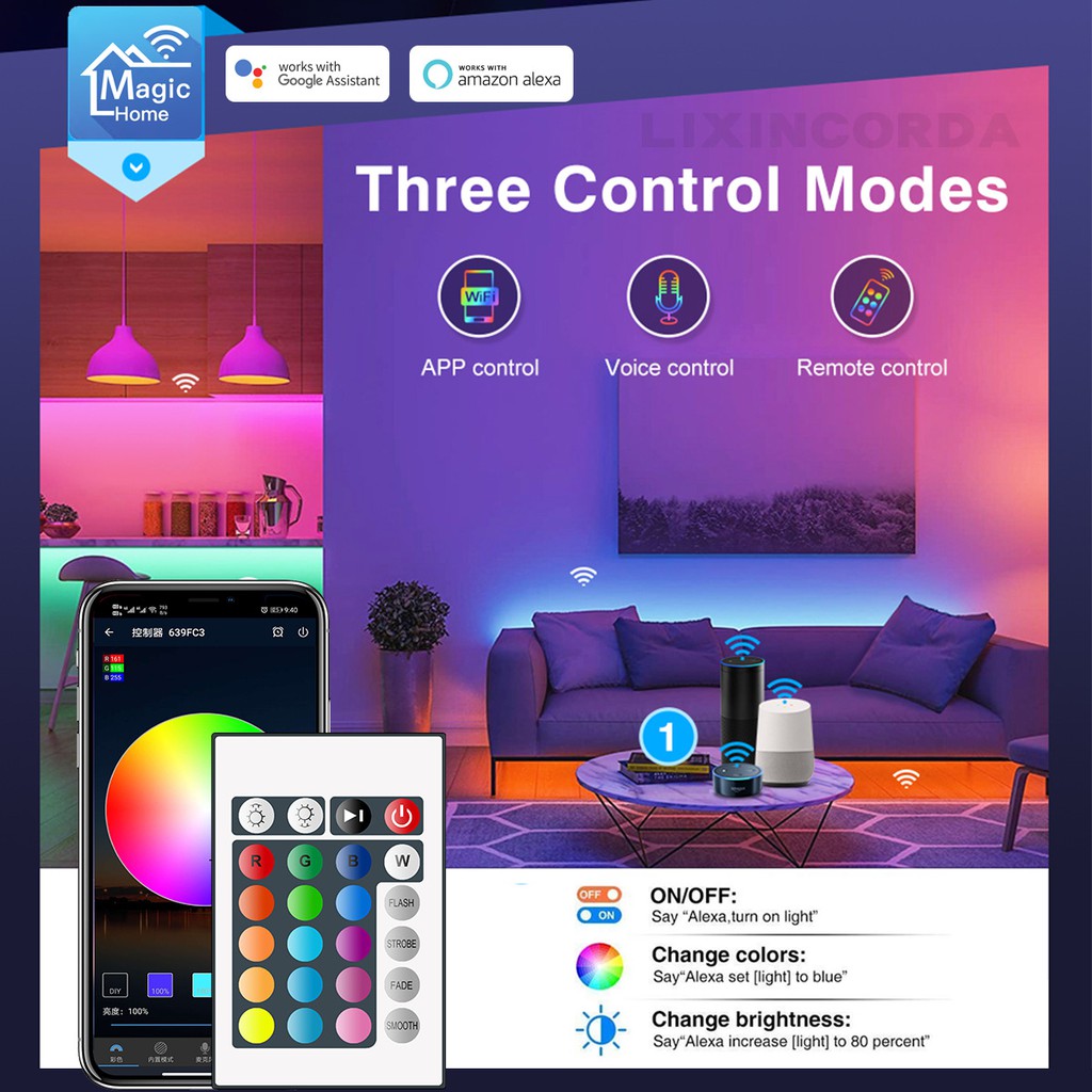 Bộ đèn led dây dán wifi nháy theo nhạc điều khiển bằng giọng nói và app trên điện thoại dây led RGB 5050