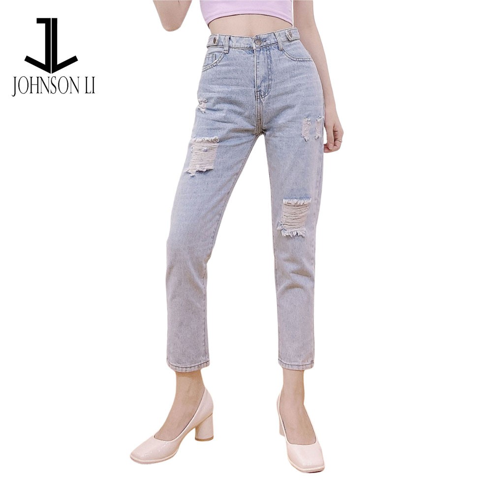 Quần baggy jean nữ lưng cao,màu xanh bạc cắt gối, JL223 JL JohnsonLi