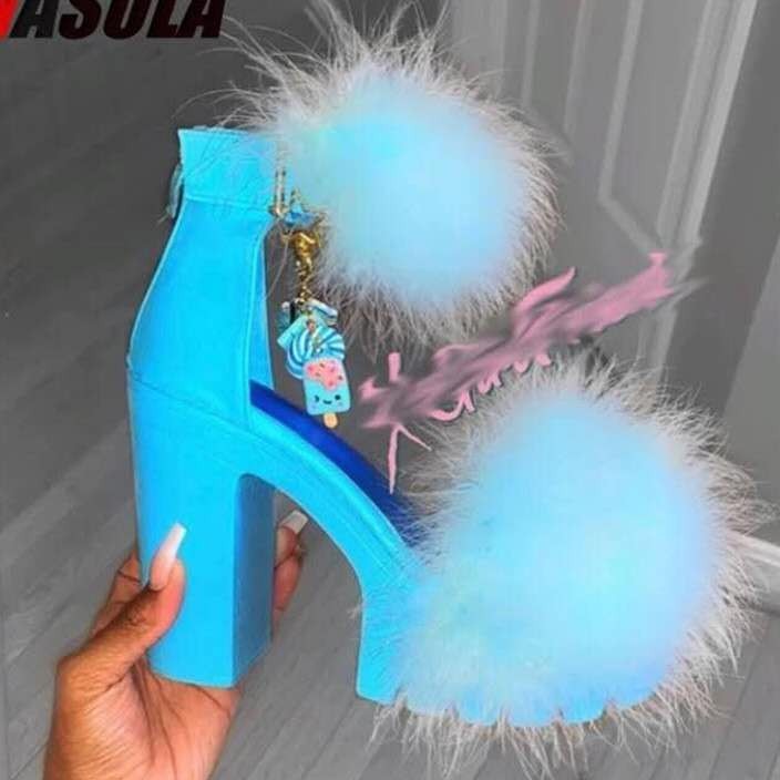 Giày cao gót 3 .94 inch đính vải lông đáng yêu thời trang size 36-43