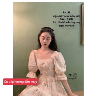 RN169_rập giấy may đầm cổ vuông nữ
