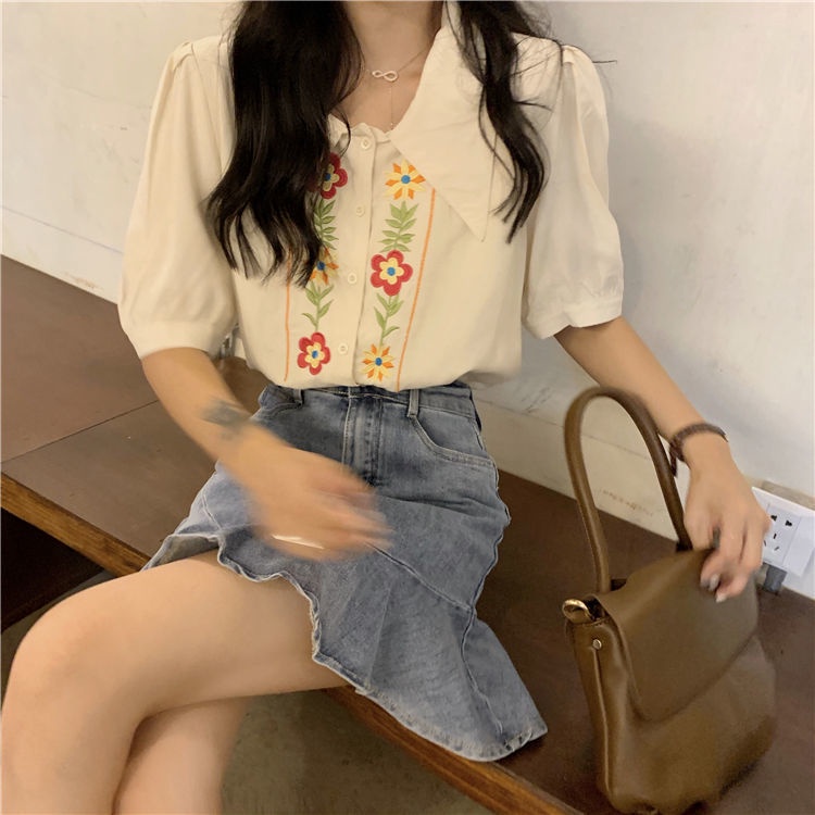 Áo Sơ Mi Tay Ngắn Dáng Rộng Thêu Hoa Thời Trang Mùa Hè Mới Cho Nữ