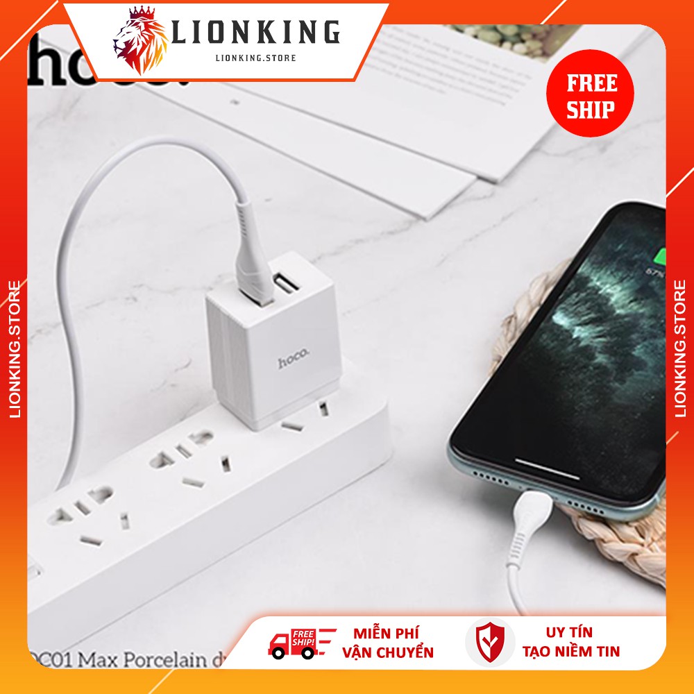 Bộ cáp sạc Iphone⚡FS50K⚡Bộ củ cáp sạc nhanh Hoco DC01 Max Lightning 2 cổng USB hỗ trợ công suất 12W  - Bảo hành 12 tháng