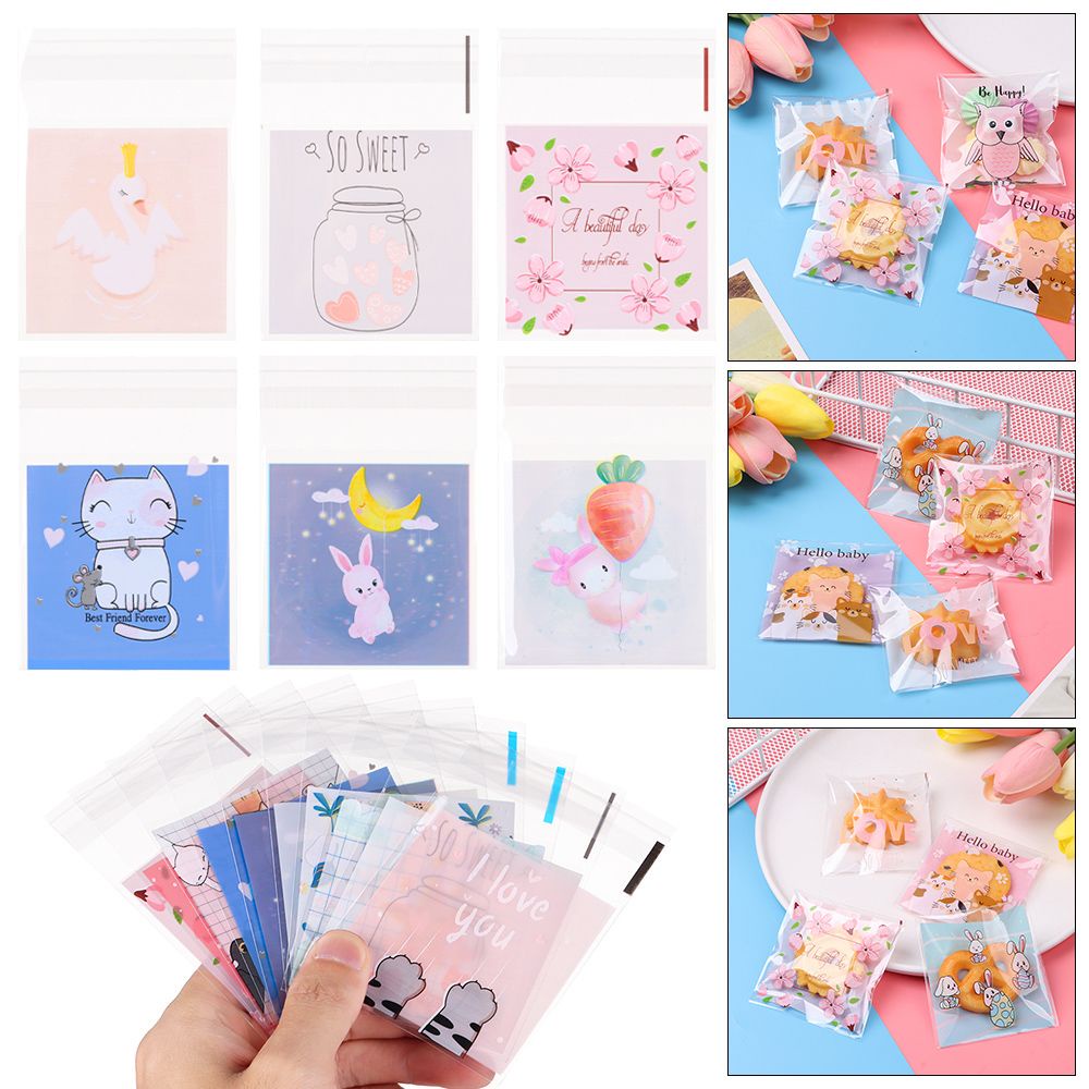 Set 100 túi nhựa đựng quà bánh kẹo tự dính họa tiết dễ thương cỡ 7x7cm