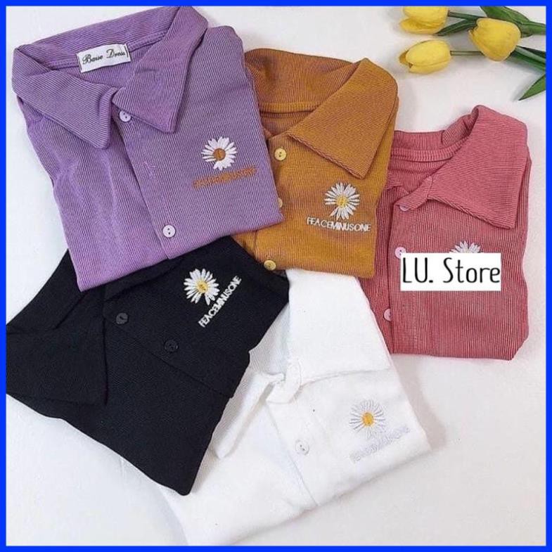 Thun Tăm Crop cúc cổ bẻ, Thêu nổi hoa trước ngực( Áo crop tầm rúm) , Ulzzang  [ẢNH THẬT]