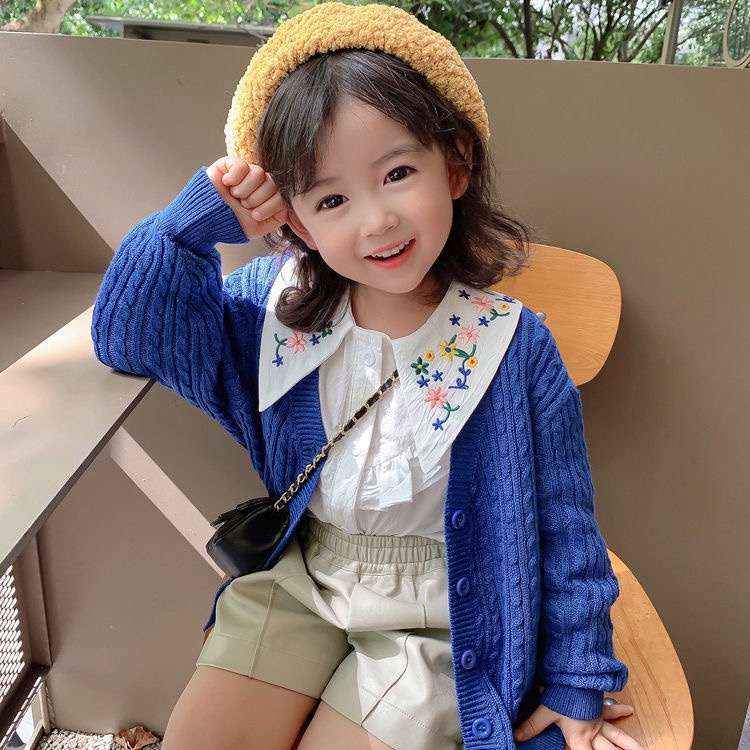 Áo sơ mi trắng dài tay rộng cổ thêu hoa cho bé gái  N00922 & N01249