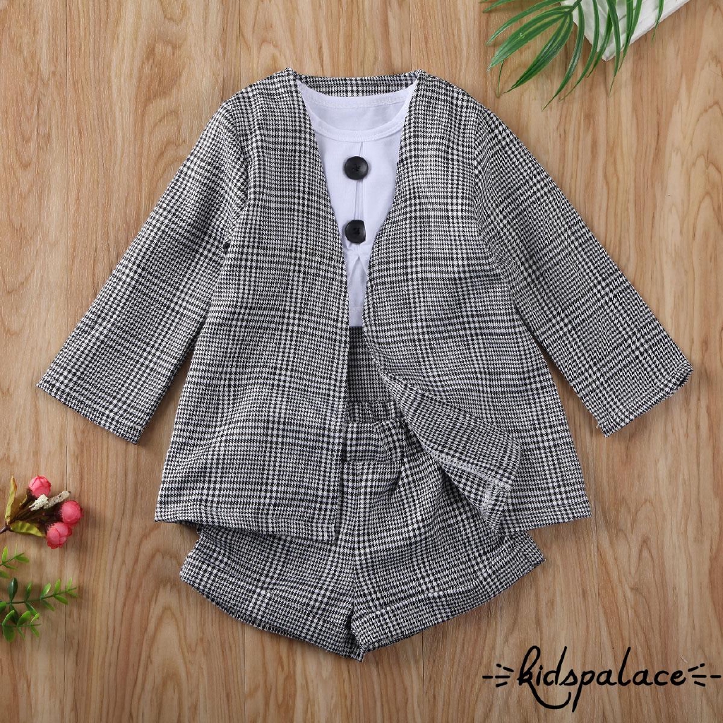 ➤♕❀❤Children Girls Summer Outfits Long Sleeve V Neck Plaid Printed Outwear Jacket Coat + Shorts + Short Sleeve Tank Top
