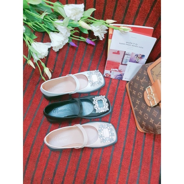CH850 -Giày lolita quai ngang đá vuông, giày marry jean 3 màu: kem, đen, trắng