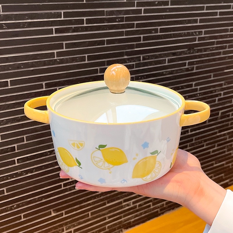 Tô ăn mì trái cây, tô nắp kính tiện lợi, bát sứ 2 quai có nắp hình hoa quả siêu xinh