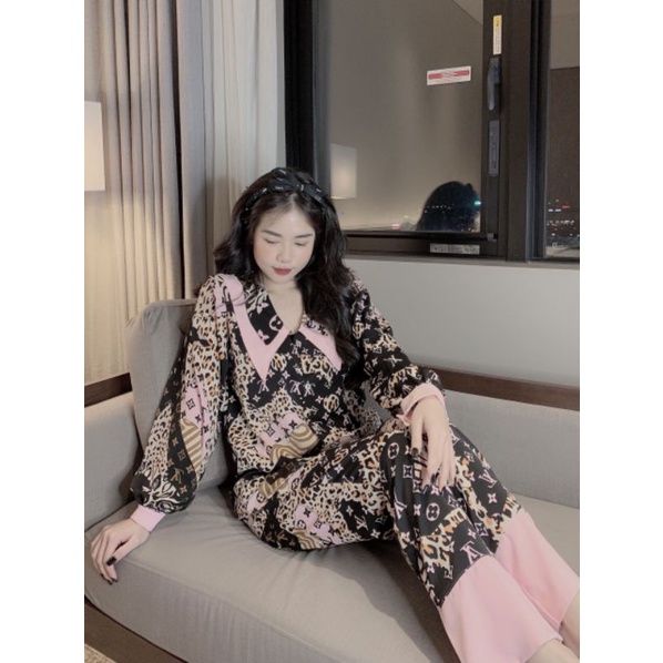 Bộ pijama cỏ nhọn 2 lá tay dài quần dài vải lụa mango , bộ ngủ thiết kế pijama