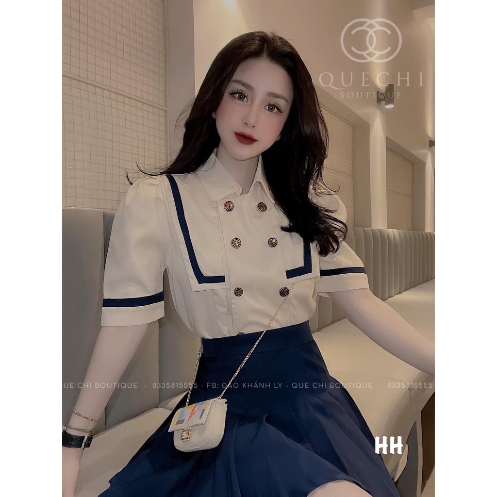 Set Áo Thủy Thủ Cổ Thuyền Viền Mí Mix Chân Váy Xếp Li Xanh | BigBuy360 - bigbuy360.vn