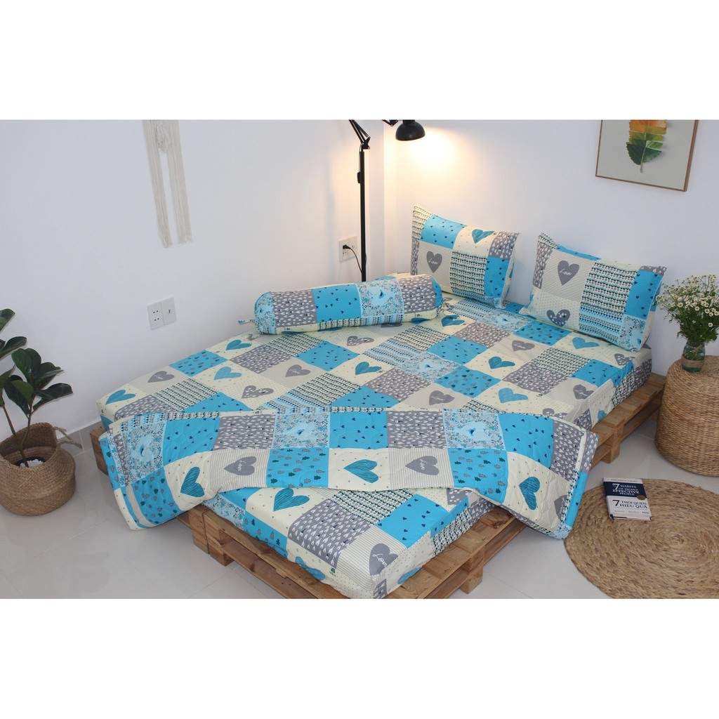 Bộ drap gối 4 món 100% cotton thiên nhiên Kha Ly-Ô vuông tim Xanh