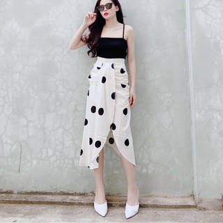 [SALE] set áo đen 2s chân váy chấm bi xẻ cao