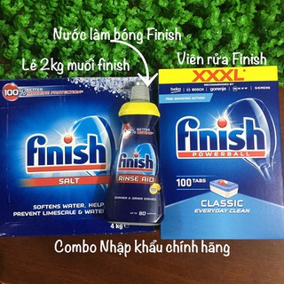 Combo Viên rửa bát Finish Classic 100 viên + Muối Finish 4kg + Nước làm bóng Finish 750ml