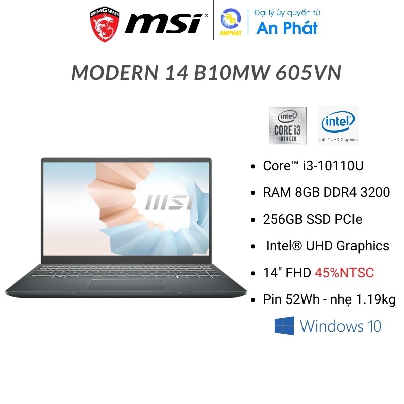 Laptop MSI Modern 14 B10MW 605VN/ 635VN  (i3-10110U | 8GB | 256GB | Intel UHD Graphics | 14.0 inch FHD | Win 10 | Xám)