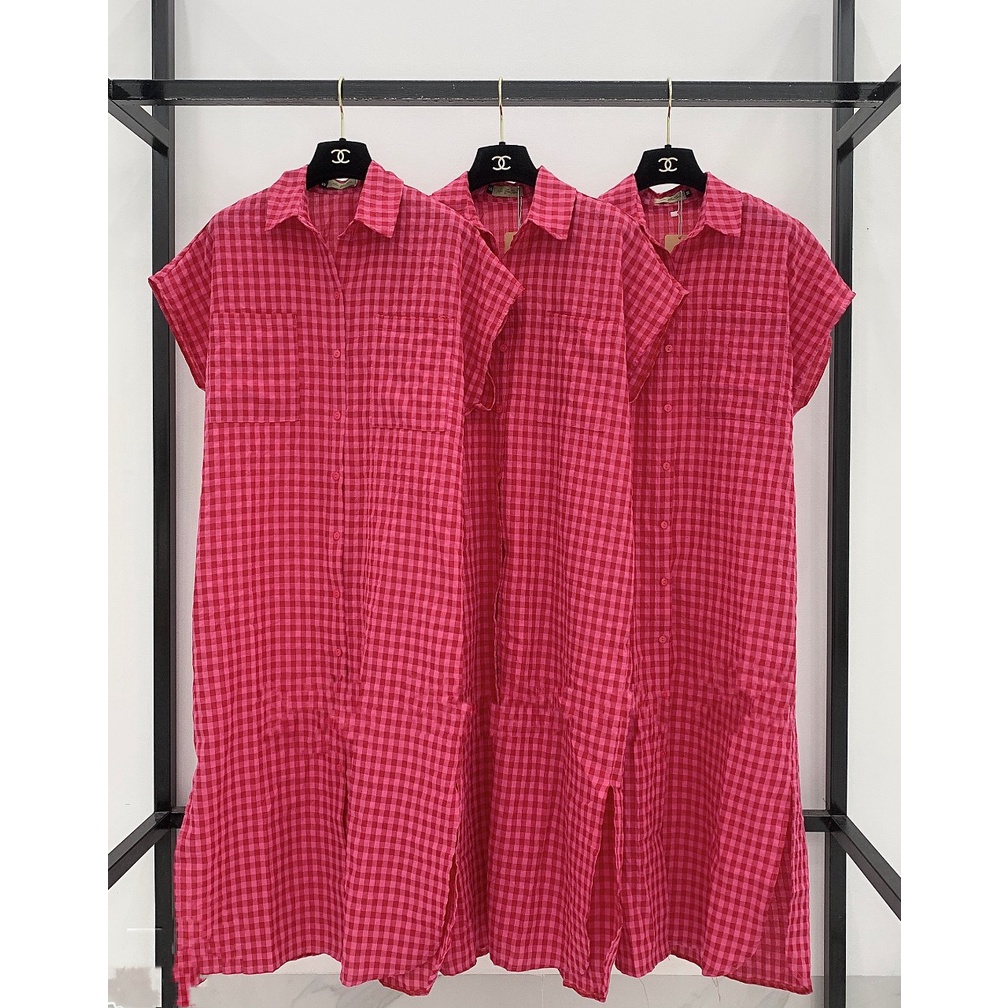 :Váy sơ mi basic kẻ caro hồng chất mịn mát bầu bí mặc thoải mái kèm ảnh thật trải sàn LOLLA _FASHION