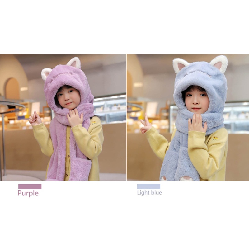 Set Mũ beanie Kèm Khăn Choàng Cổ Giả Cashmere Giữ Ấm Tai Họa Tiết Hoạt Hình Dễ Thương Cho Bé