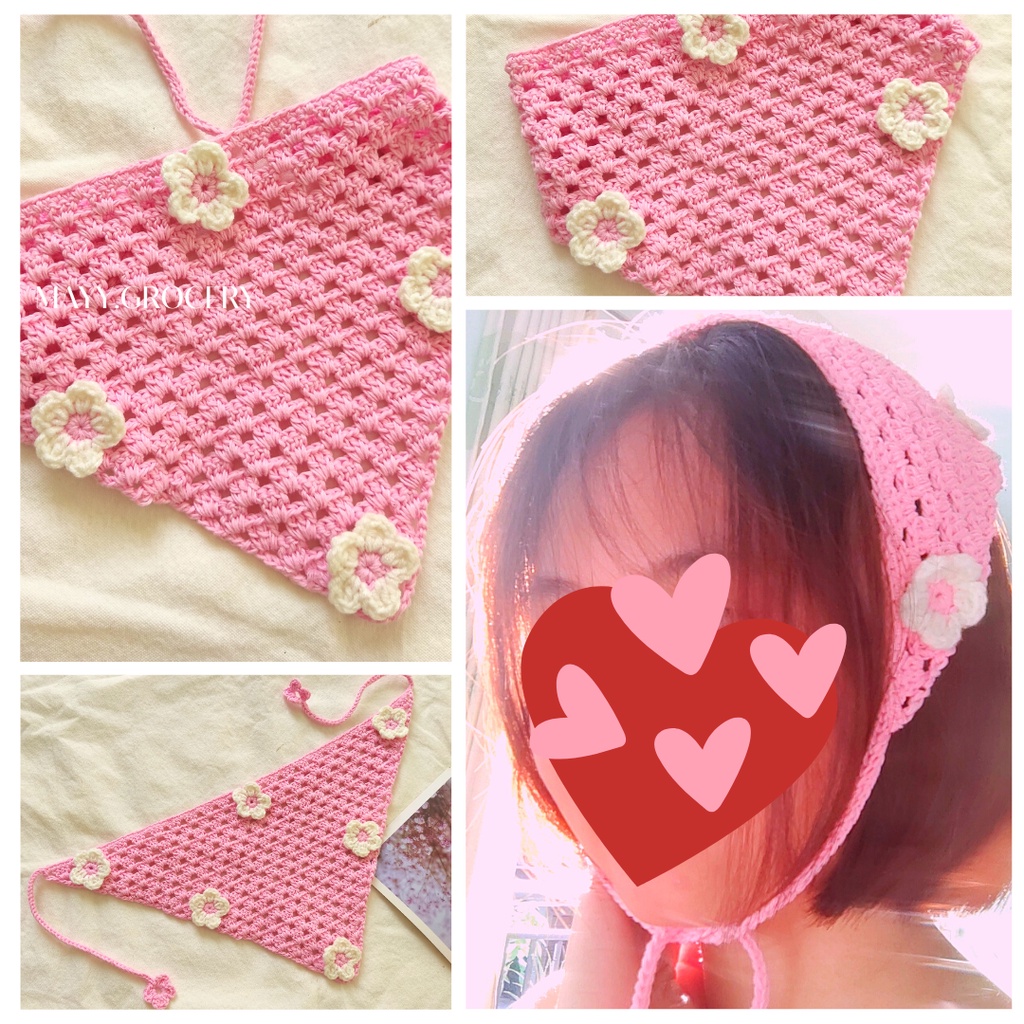 Khăn bandana đính hoa cúc trắng đội đầu handmade từ len màu xinh xắn dễ thương cho bạn gái