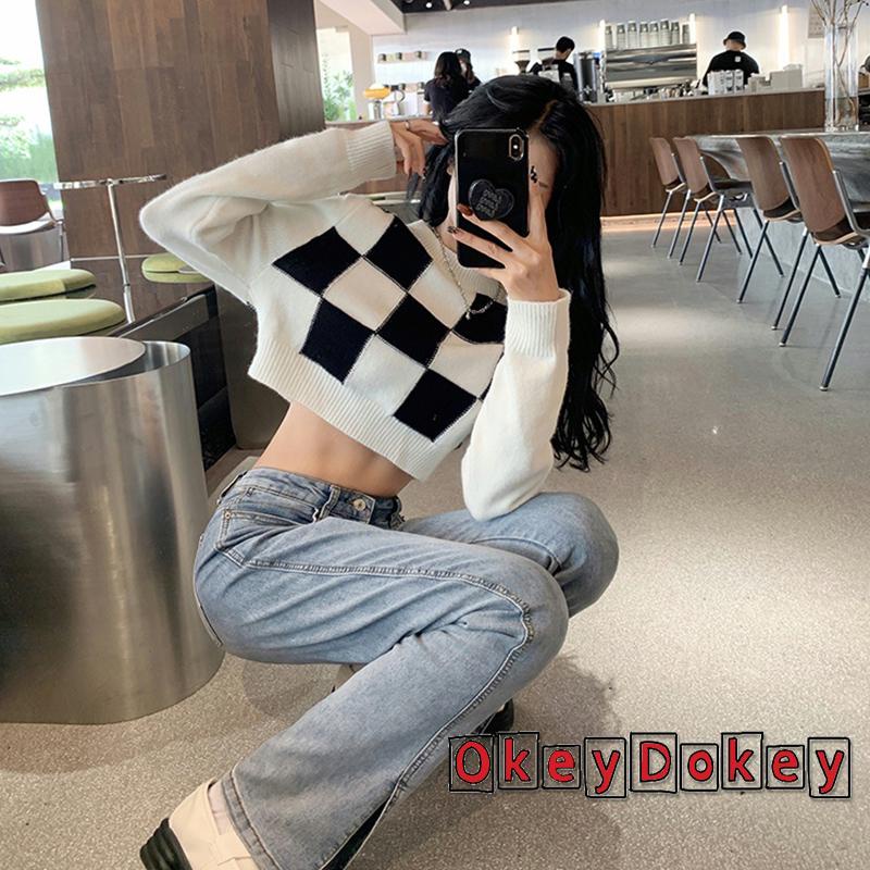 Áo sweater croptop tay dài dệt kim họa tiết caro cổ điển phong cách thường ngày dành cho bạn nữ