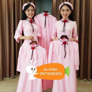 Áo dài lụa tay bồng Hồng - Trắng - Xanh