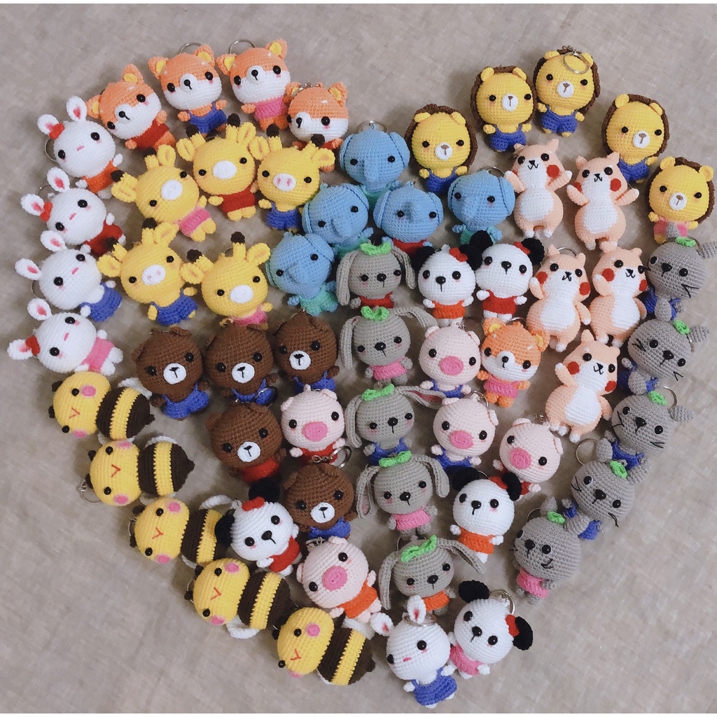 Móc khoá đầu các thú đáng yêu làm bằng len,móc len thú chibi nhồi bông đáng yêu gấu thỏ mèo quà tặng handmade tự làm