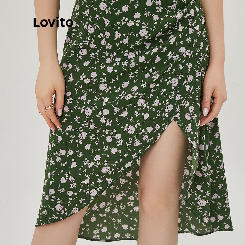 Lovito Đầm Hai Dây Phối Bèo Họa Tiết Hoa Xẻ Tà Phong Cách Vintage L20E001