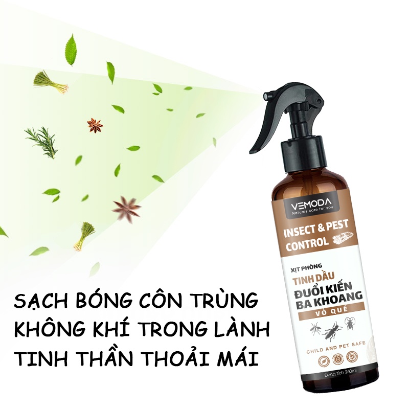 Bình xịt phòng đuổi kiến ba khoang tinh dầu Quế Vemoda dung tích 260ml - khử khuẩn, thơm phòng, thanh lọc không khí