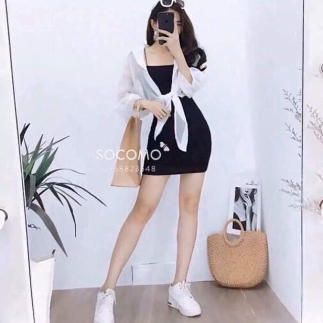 Sét váy body 2 dây kèm áo sơ mi von