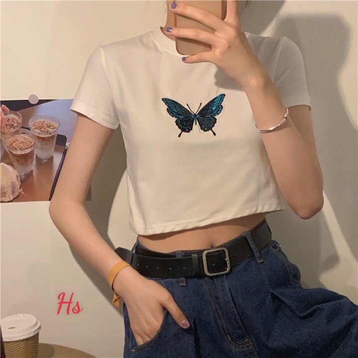 Áo Croptop Họa Tiết Bướm Thêu Chất Liệu Bozip Tàu Hot Trend