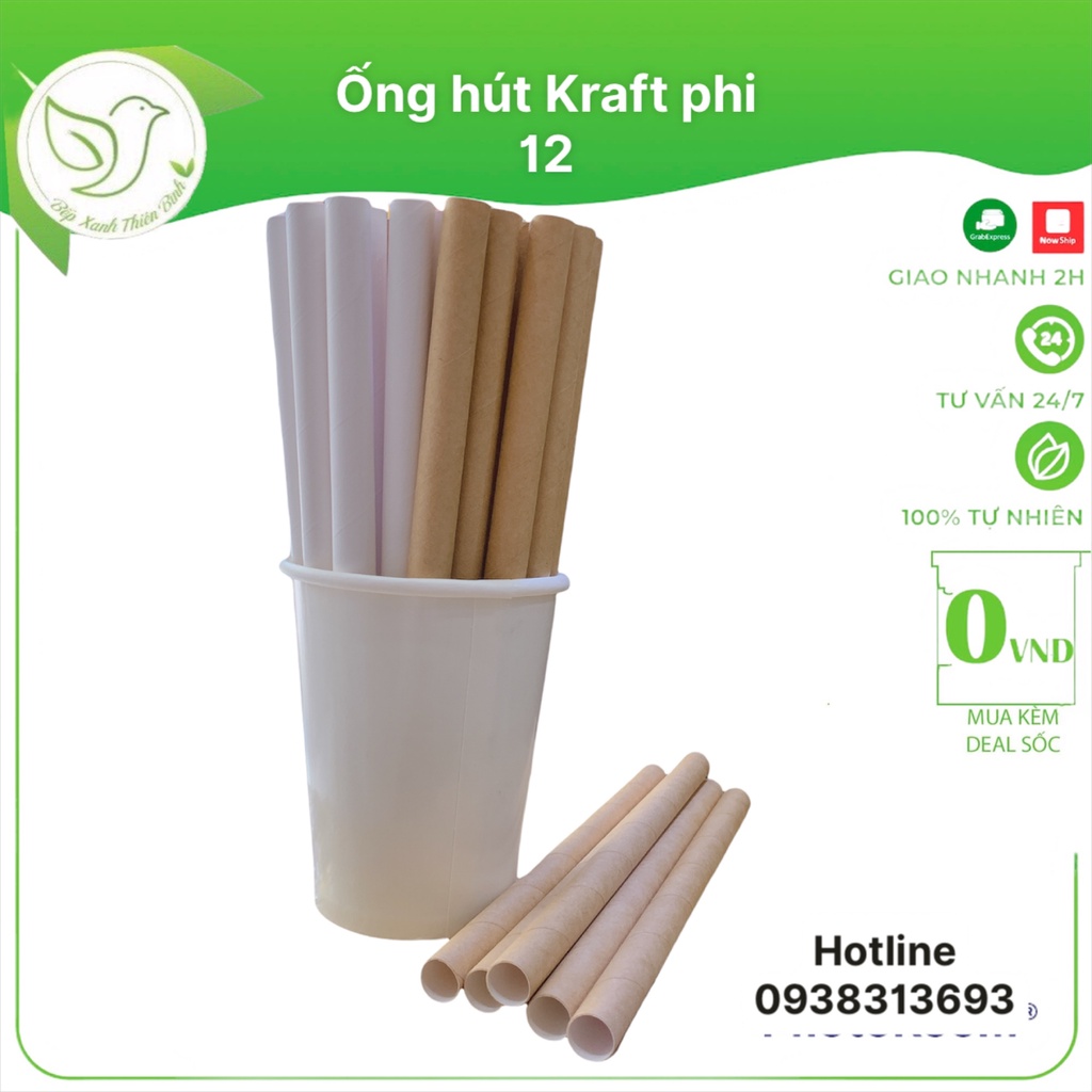 Ống hút giấy Kraft phi 12 dùng một lần hữu cơ an toàn bảo vệ môi trường - Combo 50 ống