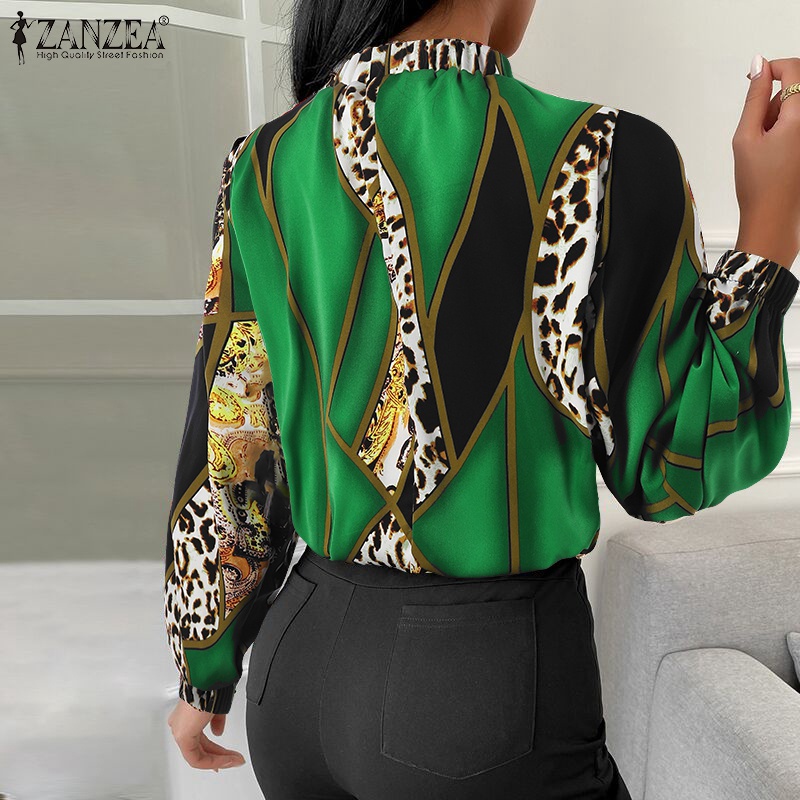 Áo blouse nữ ZANZEA dáng rộng tay phồng in da báo thanh lịch