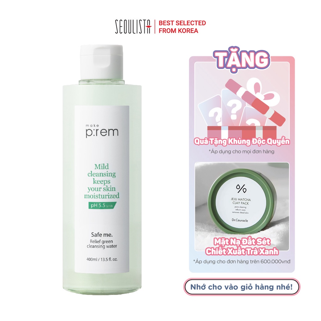 Tẩy trang dạng nước dịu nhẹ Make P:rem Safe me. Relief Green Cleansing Water