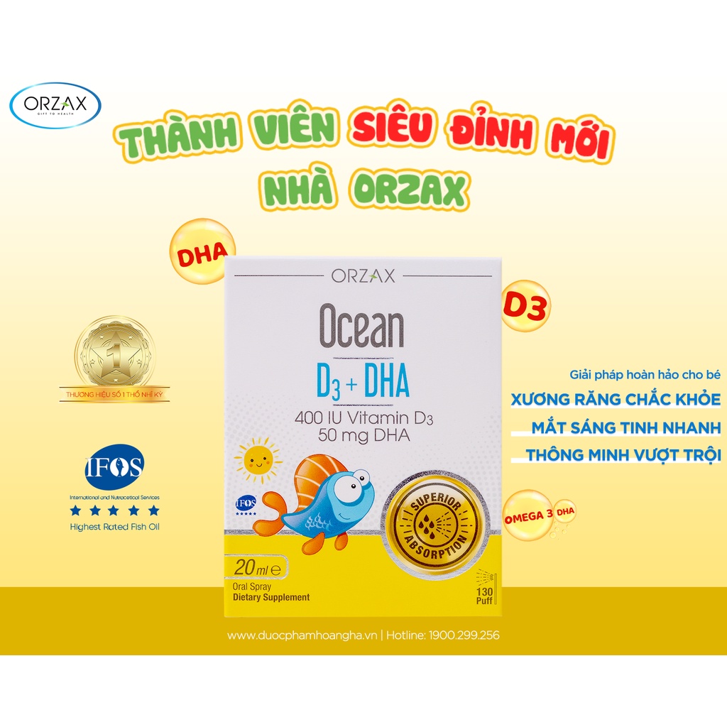 Ocean D3 DHA Vitamin d3 dha cho bé Dầu cá Omega 3 Canxi Tăng chiều cao Phát triển trí não cho trẻ Xịt Nhỏ giọt Lọ 20ml