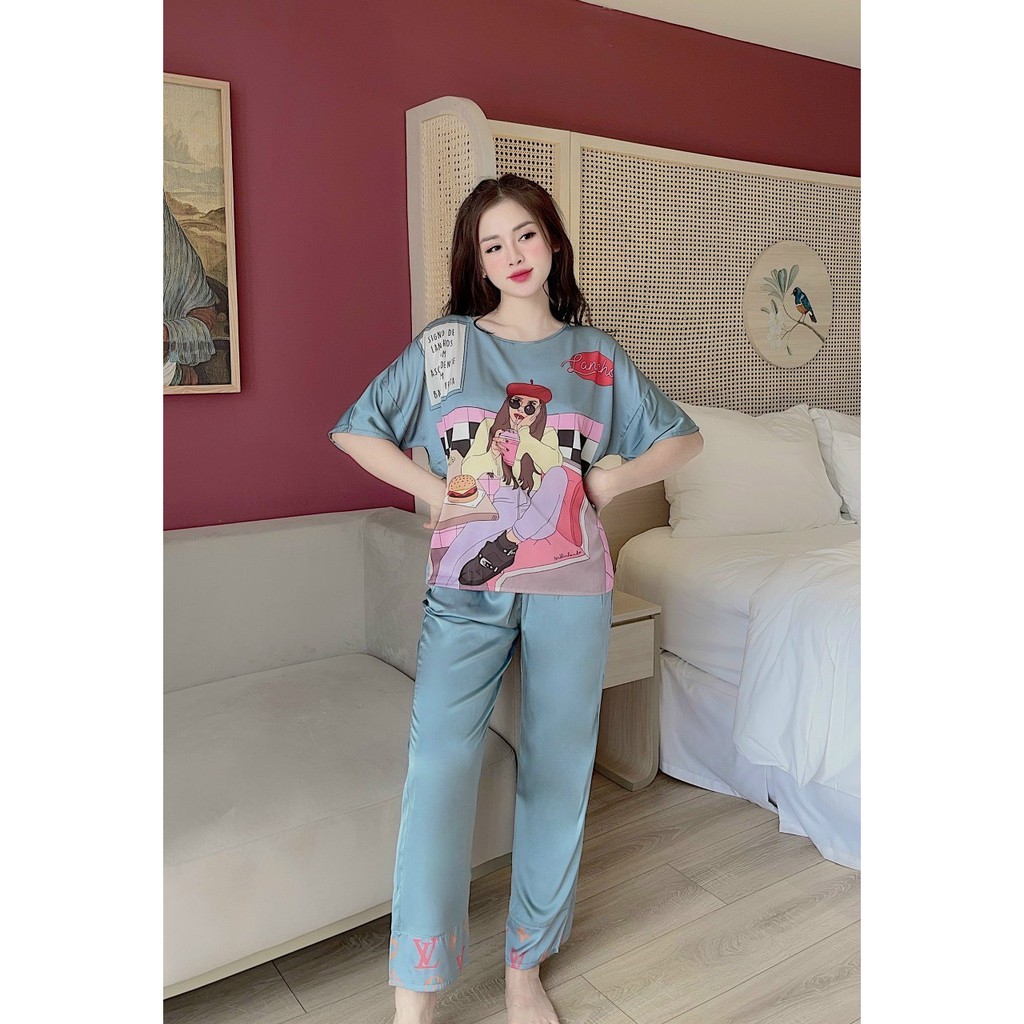 Đồ Bộ PijamaBộ Lụa Pijama Áo Cộc-Quần Dài Thiết Kế in 3D Hoạ Tiết Dễ Thương Cực Xinh[HÀNG ĐẸP CHUẨN]