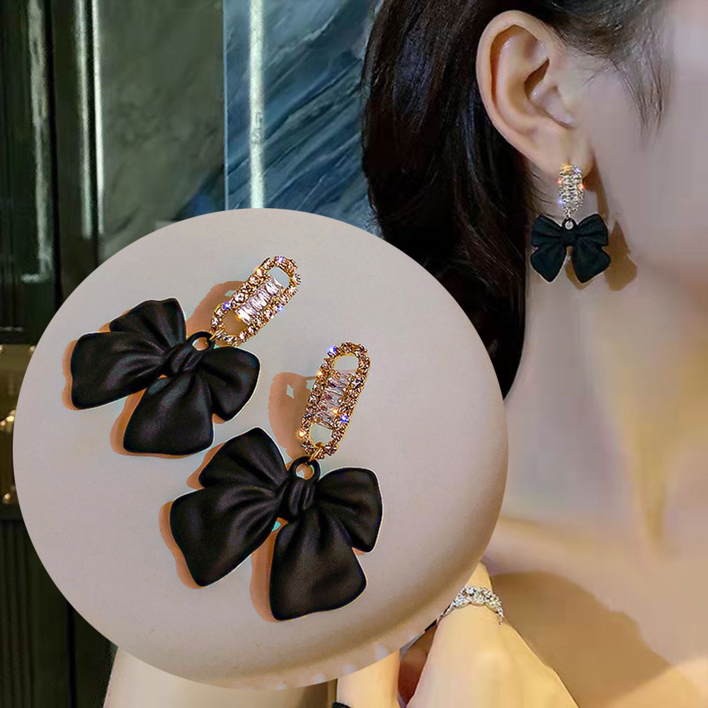 Bông Tai Mạ Bạc 925 Hình Nơ Đen Sang Trọng Dễ Phối Đồ Dành Cho Nữ