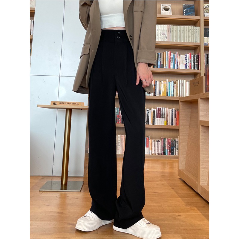 Quần dài ZHELIHANGFEI ống rộng lưng cao màu đen thời trang xuân thu cho nữ