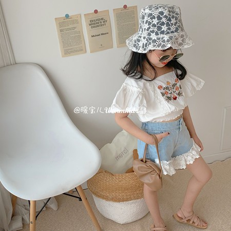 Áo Ren Ngắn Tay Thêu Hoa Cho Bé Gái