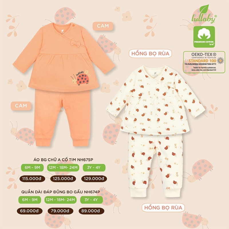 Bộ dài tay bé gái cổ tim Lullaby NH675P vải cotton