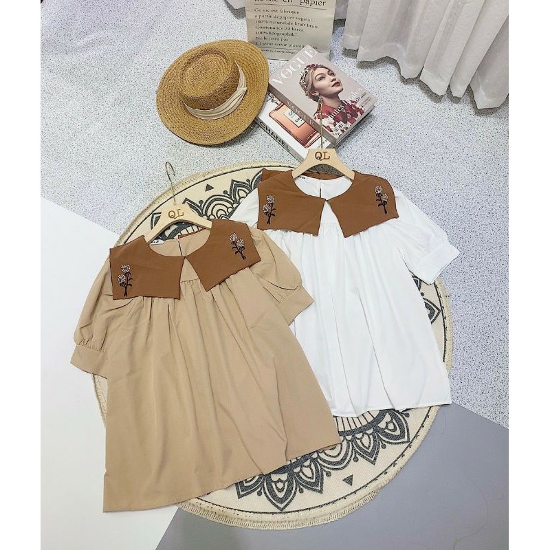 Áo sơ mi cộc tay cổ pha thêu babydoll xinh