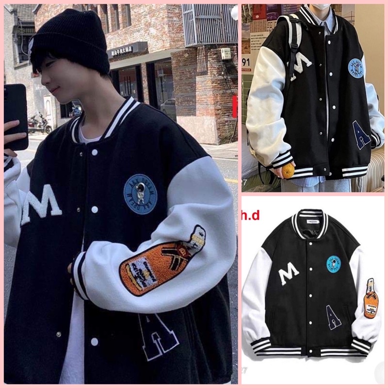 Áo bomber khoác Chai Nước Chữ MChất gió vs nỉ tay áo và gấu áo có bo dệtfreesize 55kgphong cách hàn quốc