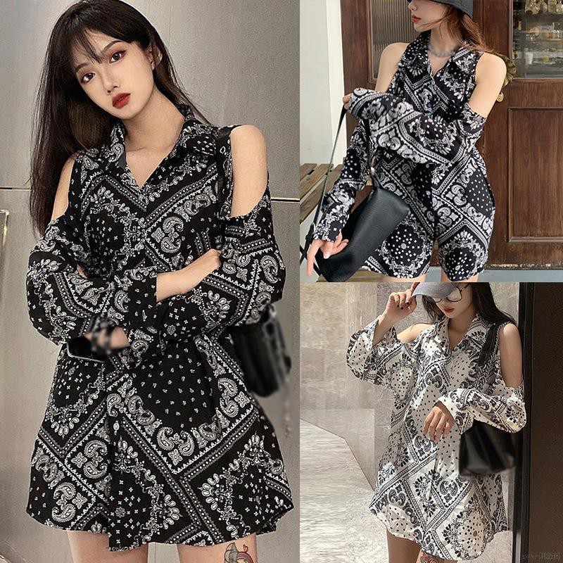 Áo trễ vai in hoạ tiết dài tay cho phụ nữ