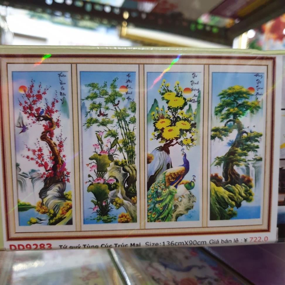 HÀNG LOẠI 1 - Tranh đính đá cao cấp TỨ QUÝ TÙNG CÚC TRÚC MAI. Kích Thước: 1m36 x 90cm