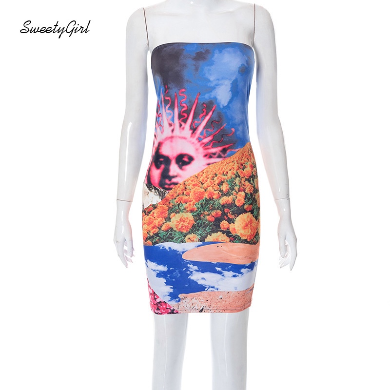Đầm Mini Không Tay Hở Vai Ôm Eo In Họa Tiết Nhiều Màu Sắc Thời Trang 2022 Cho Nữ