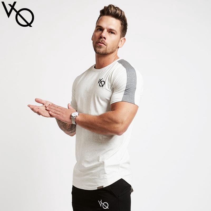 VQ Men's Cotton Shirt Sports Short-sleeved T-shirt Striped Running Casual Tee