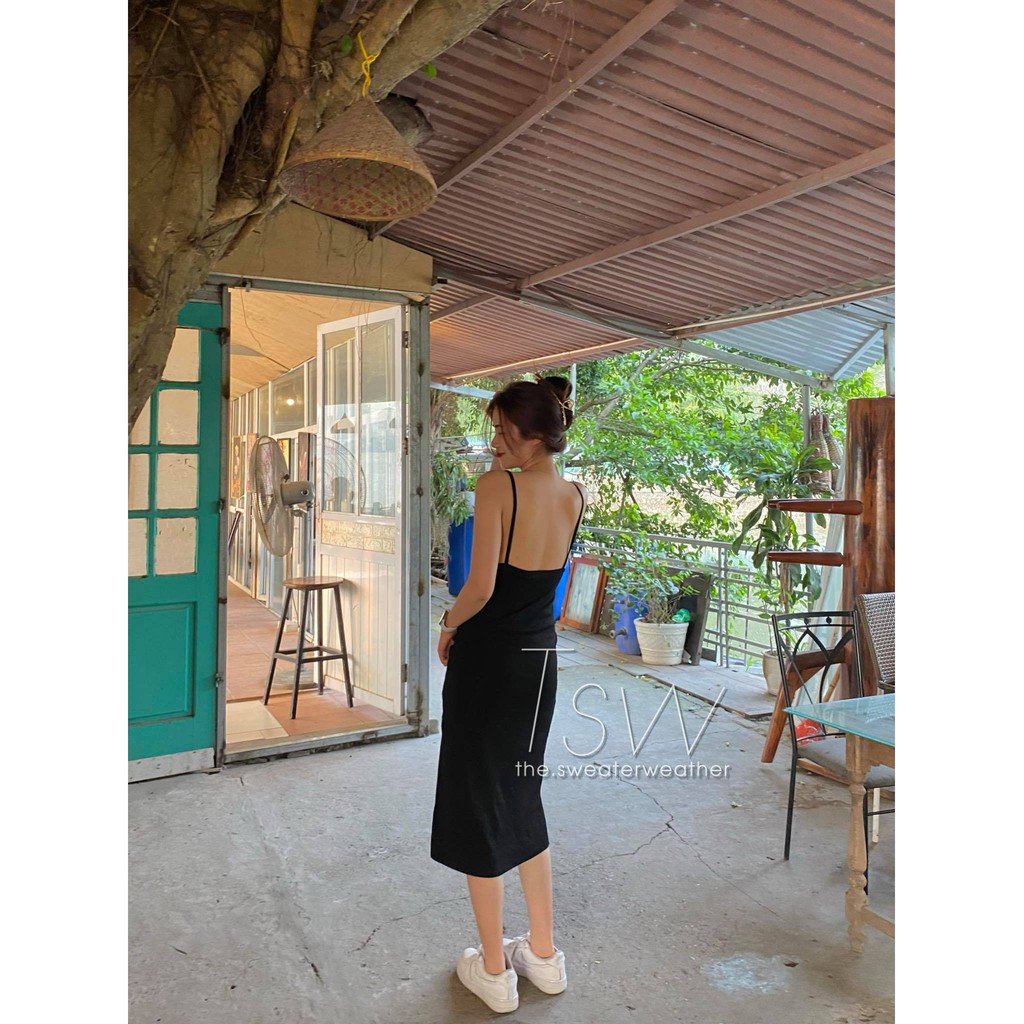 Váy hai dây thun khoét lưng maxi đen (Tặng kèm dán ngực) | BigBuy360 - bigbuy360.vn