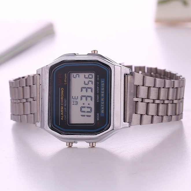 Đồng hồ nam nữ WR điện tử màu bạc dây thép mặt vuông led, đồng hồ kim loại unisex đeo tay phong cách Ulzzang thời trang