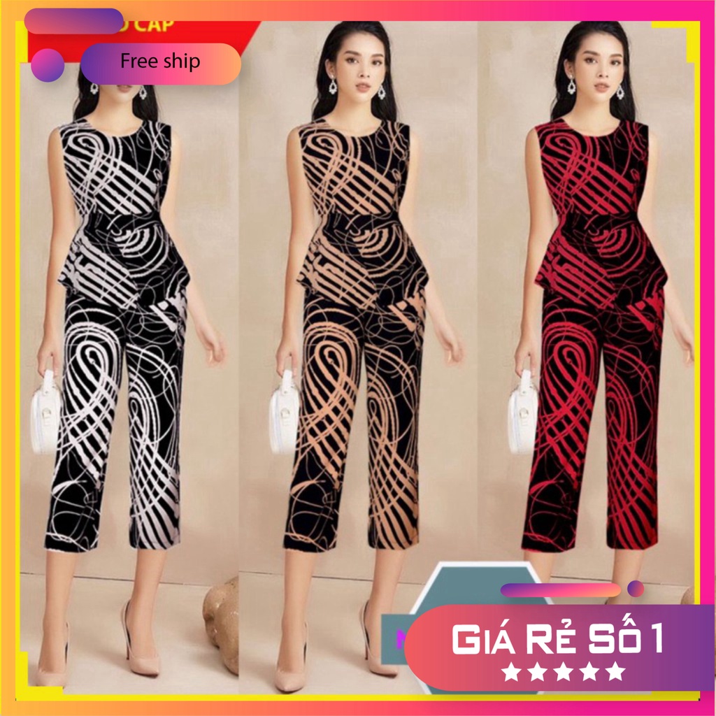 Set Quần Áo 🌸FREESHIP🌸 Set nguyên bộ áo peplum sát nách quần lửng họa tiết xinh xắn J1033 Taseco