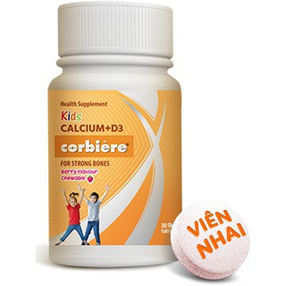 Kids Calcium + D3 Corbiere - Viên nhai bổ sung Canxi và D3 cho bé hương vị dâu (Lọ 30 Viên)