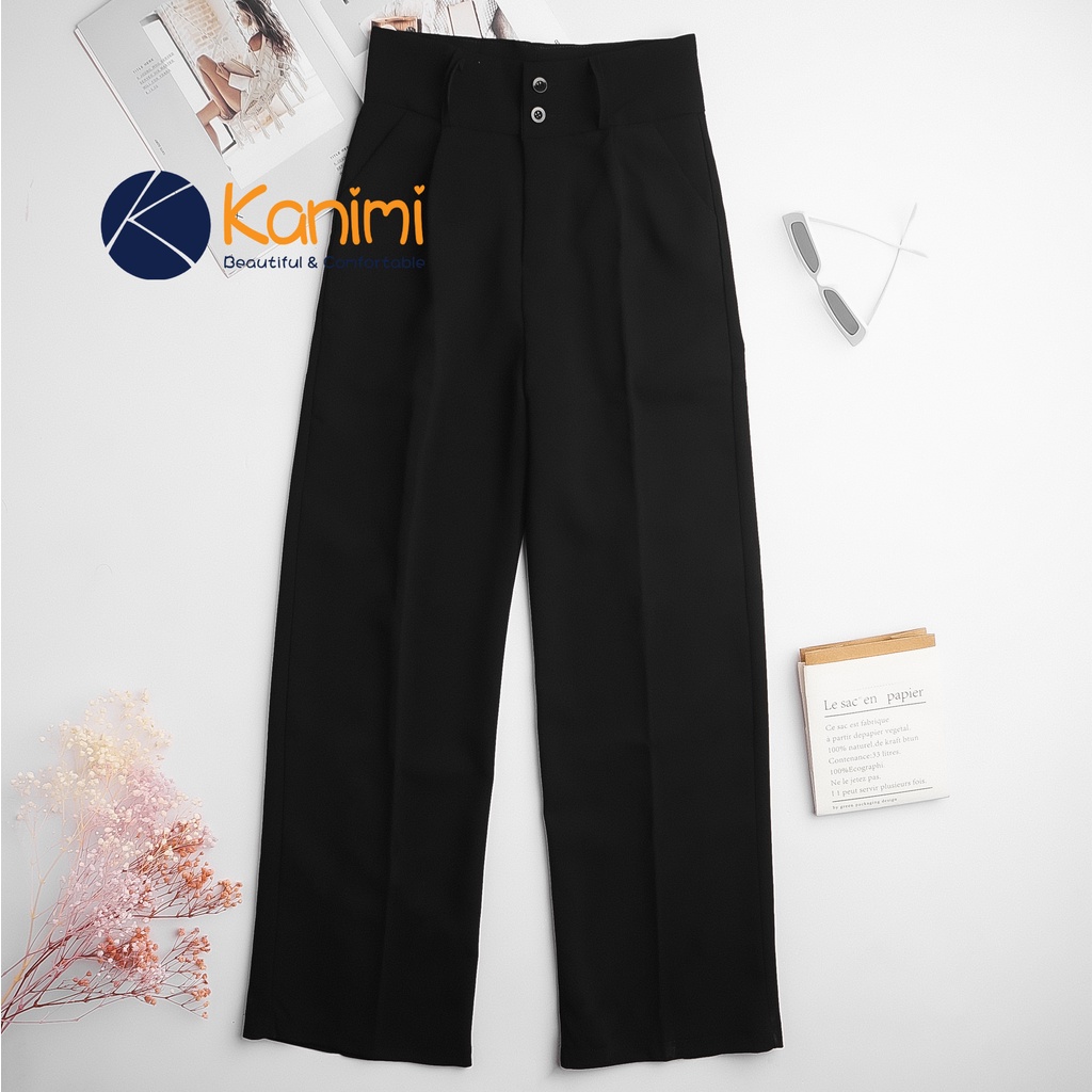 Quần ống rộng suông dài 100cm, quần culottes cạp cao 2 cúc siêu tôn dáng Kanimi